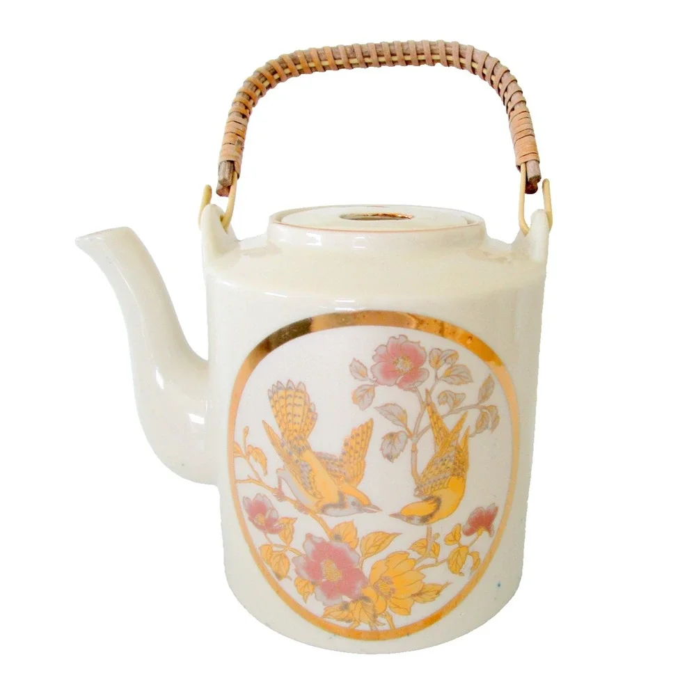 Japanese Vintage Ceramic Tea Pot With Gold Floral and Birds Bamboo Wicker Handle